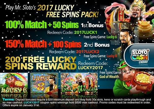Sloto Cash Casino 2017 Lucky Free Spins Pack